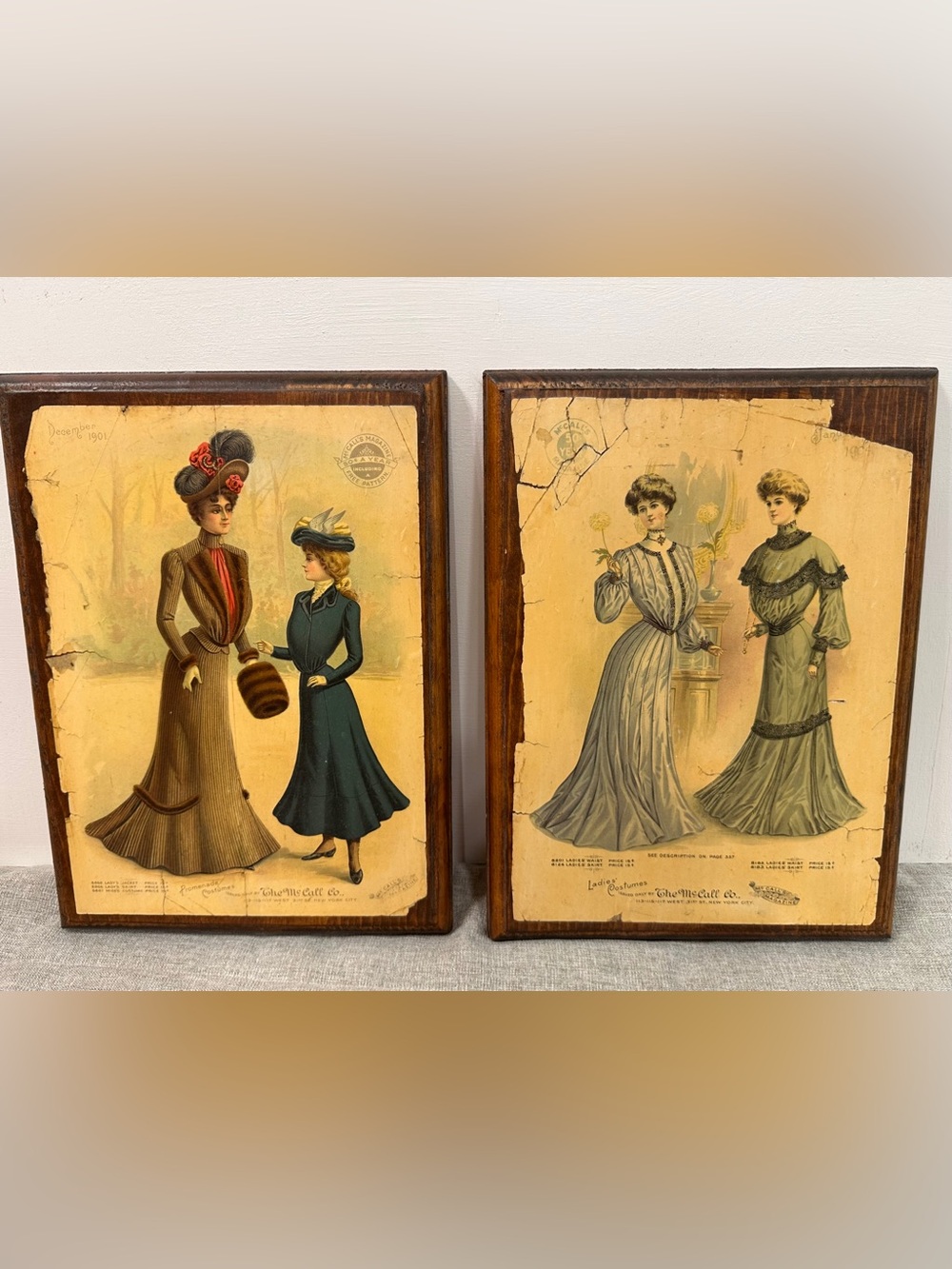 Antique 1901 McCall’s Magazine Fashion Illustration Prints On Wooden Plaque